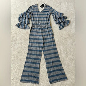 NWT chaser jumpsuit blue and gray stripe ruffle bell sleeve size S